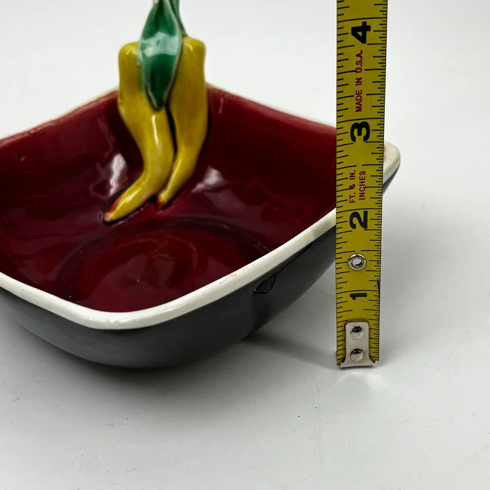 Vintage Italy Ceramic Chili Pepper Bowl Red Black Square Pottery Hand Painted
